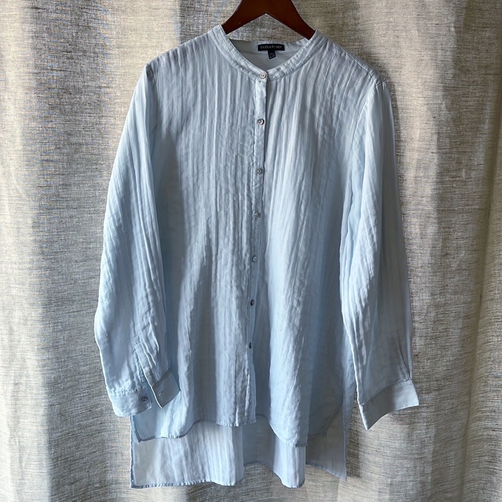 Eileen Fisher Silk Organic Cotton Blend High Low Long Sleeve Lt  Blue Shirt XL